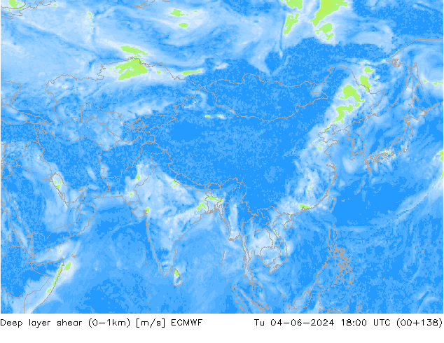 Deep layer shear (0-1km) ECMWF Tu 04.06.2024 18 UTC