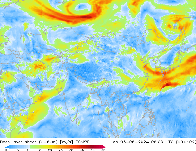 Deep layer shear (0-6km) ECMWF Mo 03.06.2024 06 UTC