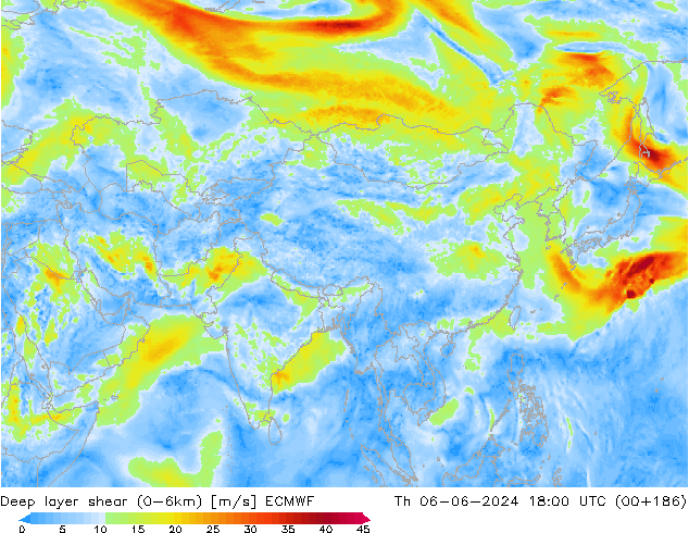 Deep layer shear (0-6km) ECMWF Do 06.06.2024 18 UTC