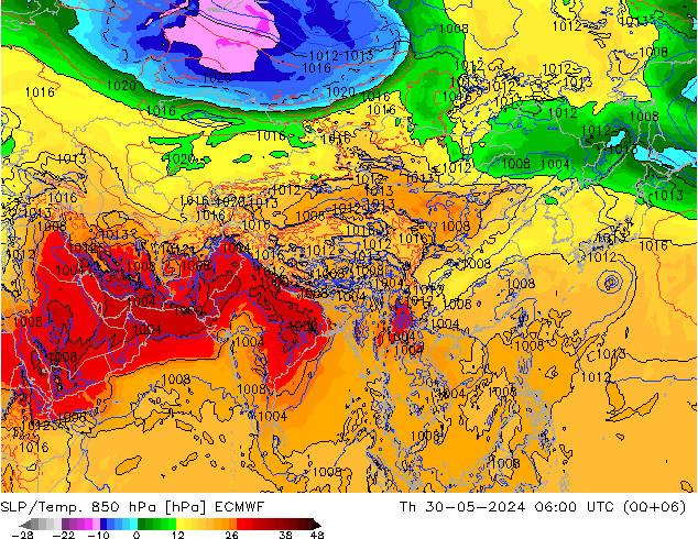 SLP/Temp. 850 hPa ECMWF Th 30.05.2024 06 UTC