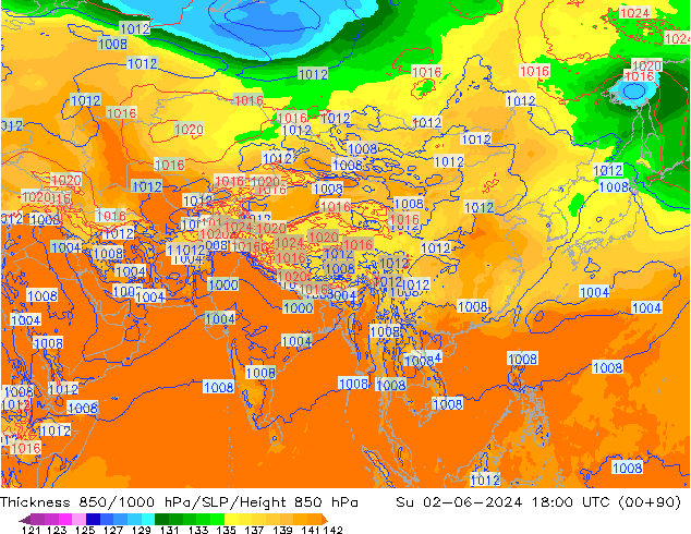 Thck 850-1000 гПа ECMWF Вс 02.06.2024 18 UTC