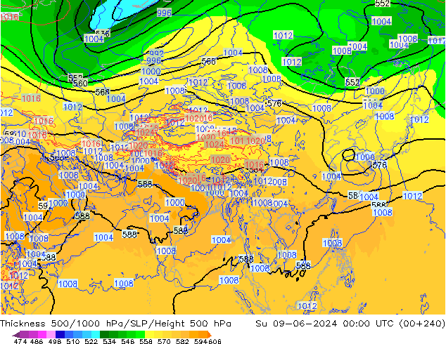 Espesor 500-1000 hPa ECMWF dom 09.06.2024 00 UTC