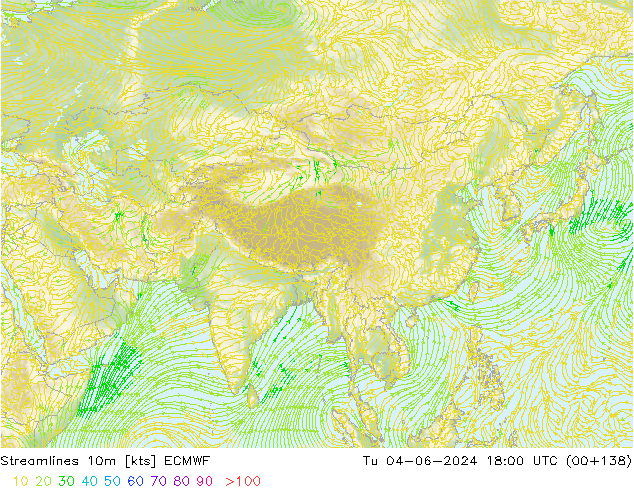 Streamlines 10m ECMWF Tu 04.06.2024 18 UTC