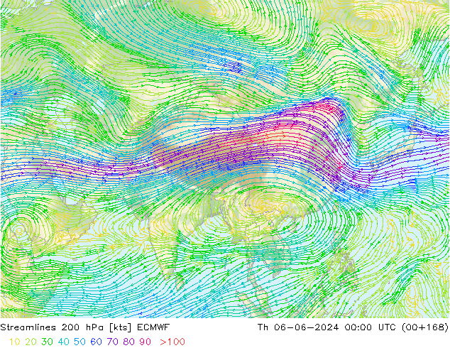 Streamlines 200 hPa ECMWF Th 06.06.2024 00 UTC