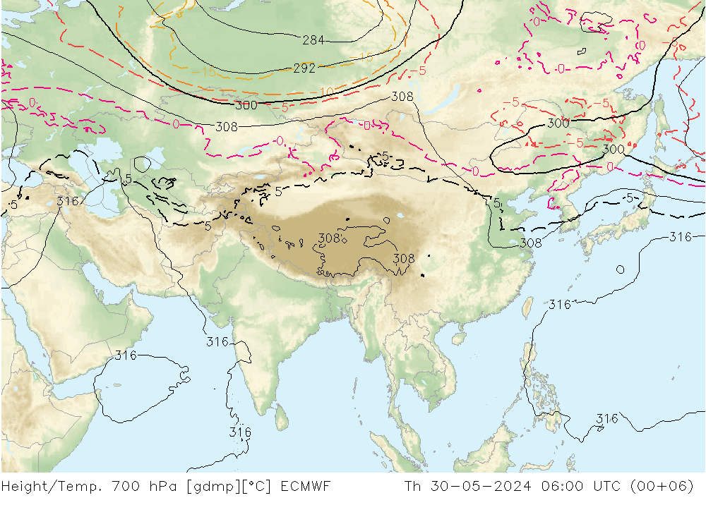 Geop./Temp. 700 hPa ECMWF jue 30.05.2024 06 UTC