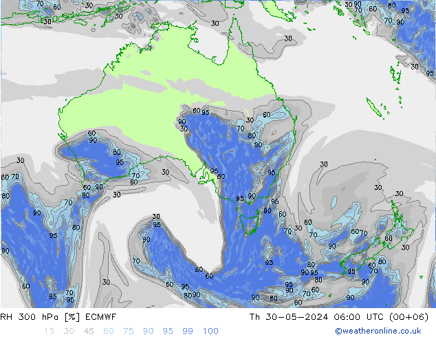 RH 300 hPa ECMWF Čt 30.05.2024 06 UTC