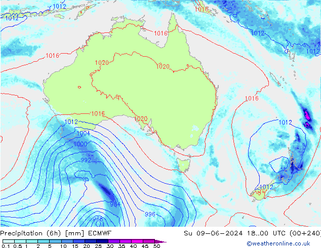 Precipitation (6h) ECMWF Su 09.06.2024 00 UTC