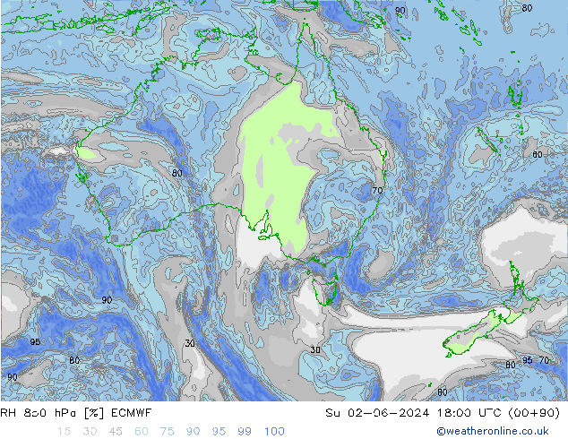 RH 850 hPa ECMWF dom 02.06.2024 18 UTC