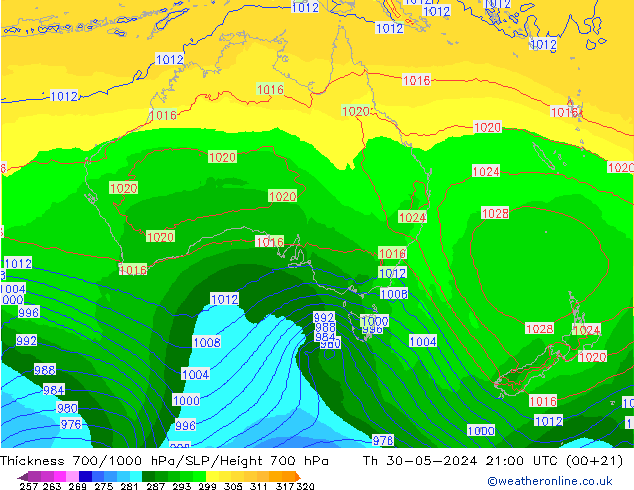 Thck 700-1000 hPa ECMWF Čt 30.05.2024 21 UTC