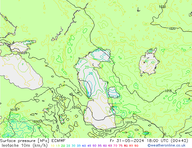 Isotachs (kph) ECMWF Fr 31.05.2024 18 UTC