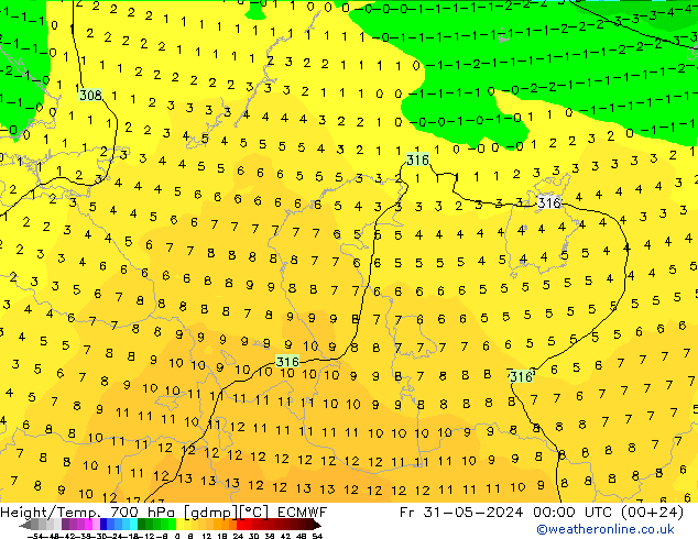 Height/Temp. 700 hPa ECMWF Fr 31.05.2024 00 UTC