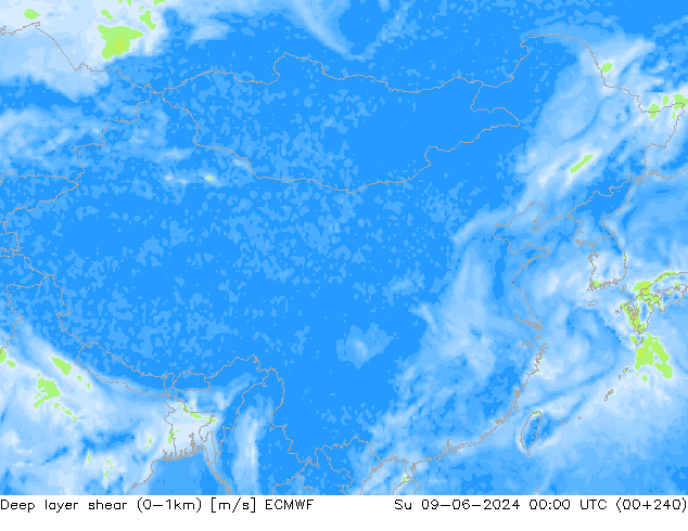 Deep layer shear (0-1km) ECMWF Su 09.06.2024 00 UTC