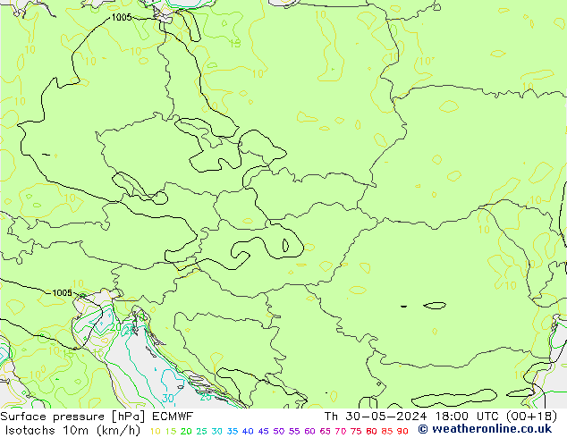 Isotachs (kph) ECMWF  30.05.2024 18 UTC