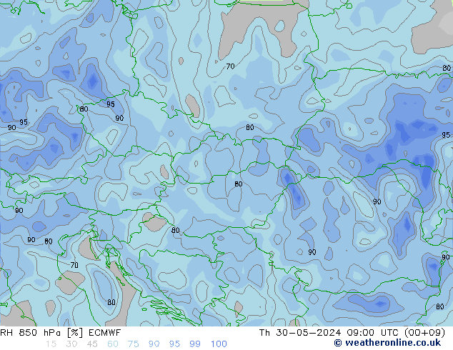 RH 850 hPa ECMWF Th 30.05.2024 09 UTC