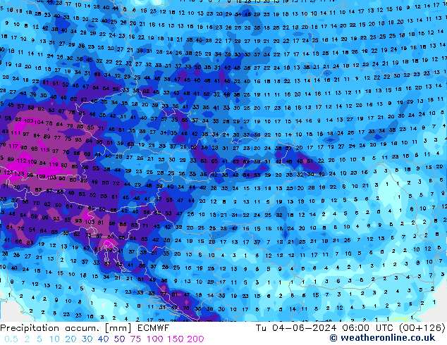 Precipitation accum. ECMWF Tu 04.06.2024 06 UTC