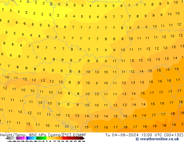 Height/Temp. 850 hPa ECMWF Út 04.06.2024 12 UTC