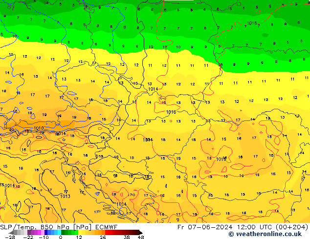 SLP/Temp. 850 hPa ECMWF  07.06.2024 12 UTC