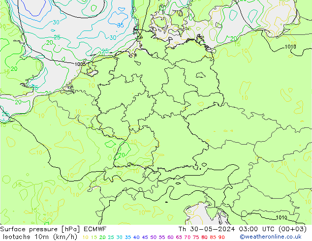 Isotachen (km/h) ECMWF Do 30.05.2024 03 UTC