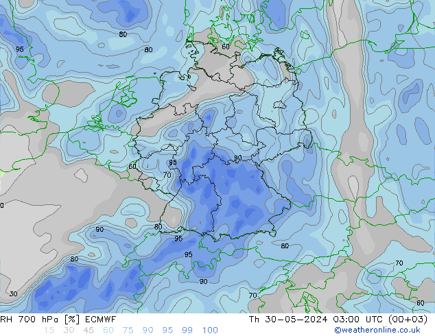 RH 700 hPa ECMWF Th 30.05.2024 03 UTC