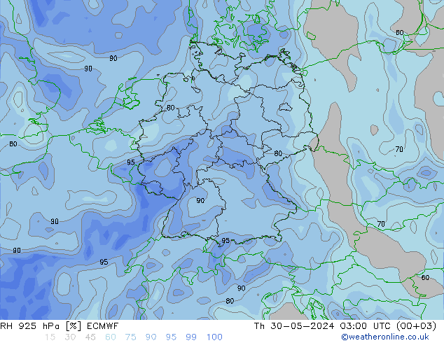 Humidité rel. 925 hPa ECMWF jeu 30.05.2024 03 UTC