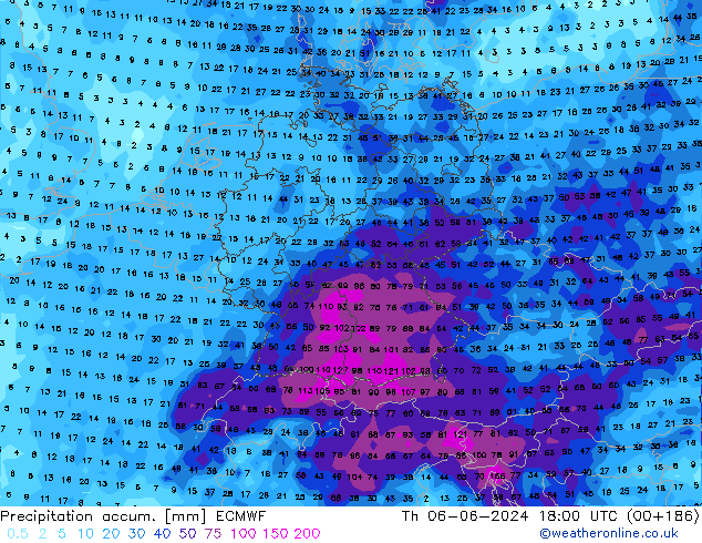 Precipitation accum. ECMWF Th 06.06.2024 18 UTC