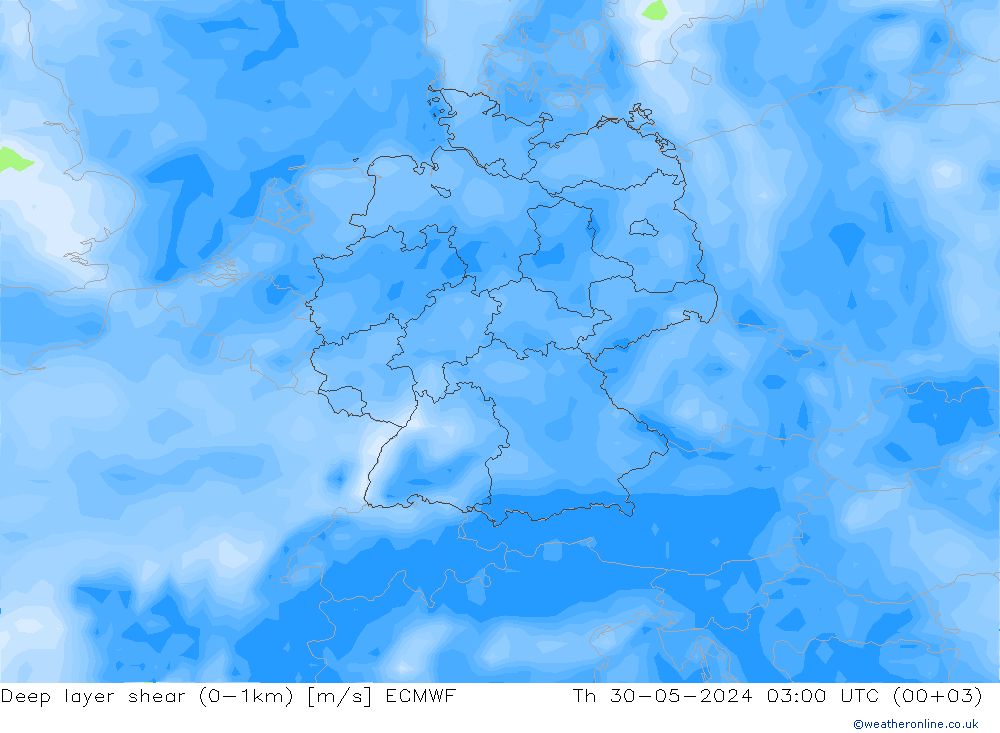 Deep layer shear (0-1km) ECMWF do 30.05.2024 03 UTC