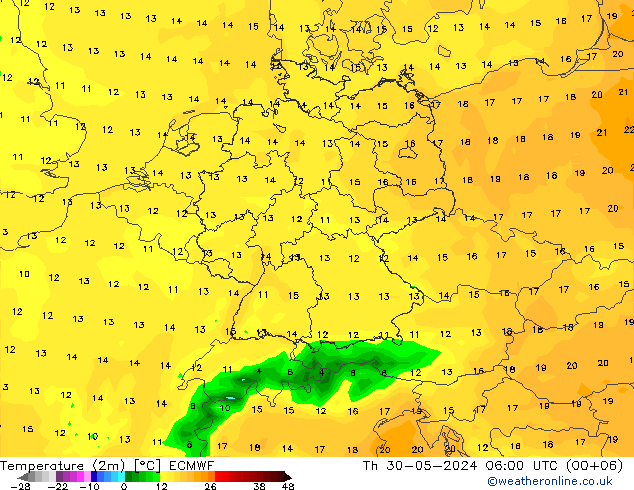 Temperaturkarte (2m) ECMWF Do 30.05.2024 06 UTC