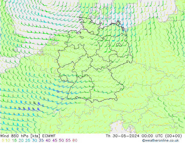 Wind 850 hPa ECMWF Čt 30.05.2024 00 UTC