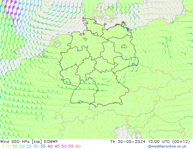 Vento 950 hPa ECMWF gio 30.05.2024 12 UTC