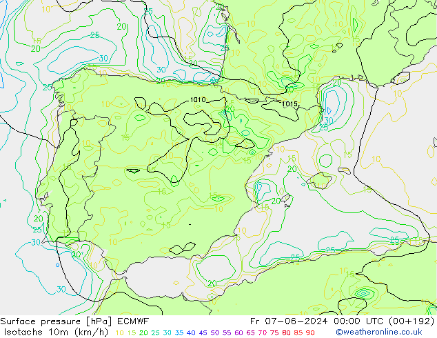 Isotachs (kph) ECMWF Pá 07.06.2024 00 UTC