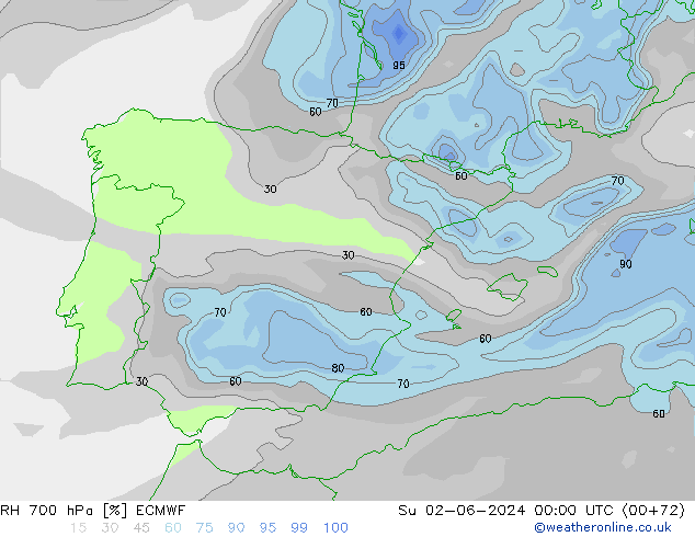 RH 700 hPa ECMWF So 02.06.2024 00 UTC