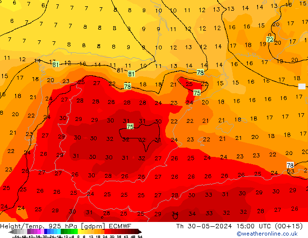 Height/Temp. 925 hPa ECMWF Th 30.05.2024 15 UTC