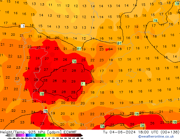 Géop./Temp. 925 hPa ECMWF mar 04.06.2024 18 UTC