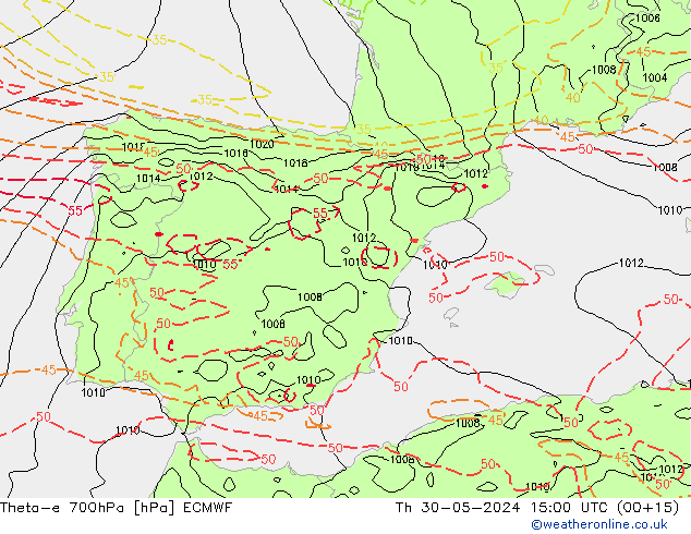 Theta-e 700hPa ECMWF Čt 30.05.2024 15 UTC