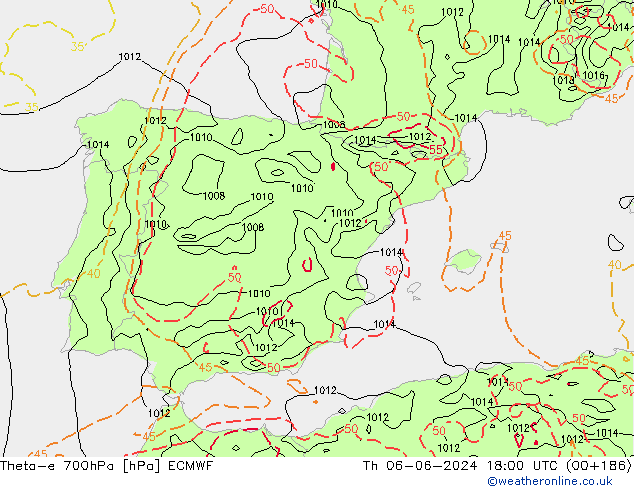 Theta-e 700hPa ECMWF Th 06.06.2024 18 UTC