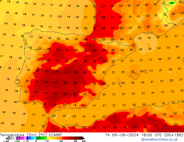 Temperature (2m) ECMWF Th 06.06.2024 18 UTC