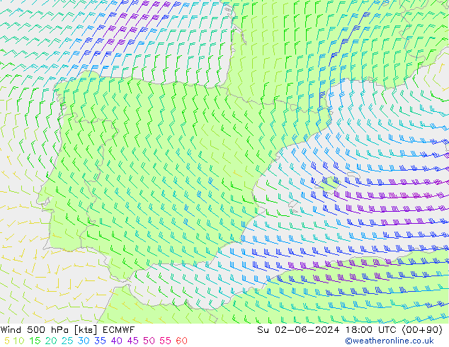 Wind 500 hPa ECMWF Su 02.06.2024 18 UTC