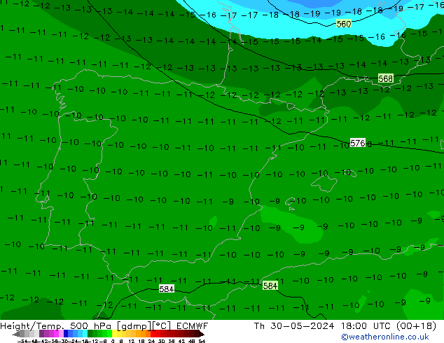 Z500/Rain (+SLP)/Z850 ECMWF Čt 30.05.2024 18 UTC