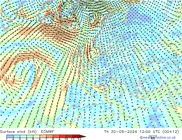 Vento 10 m (bft) ECMWF gio 30.05.2024 12 UTC