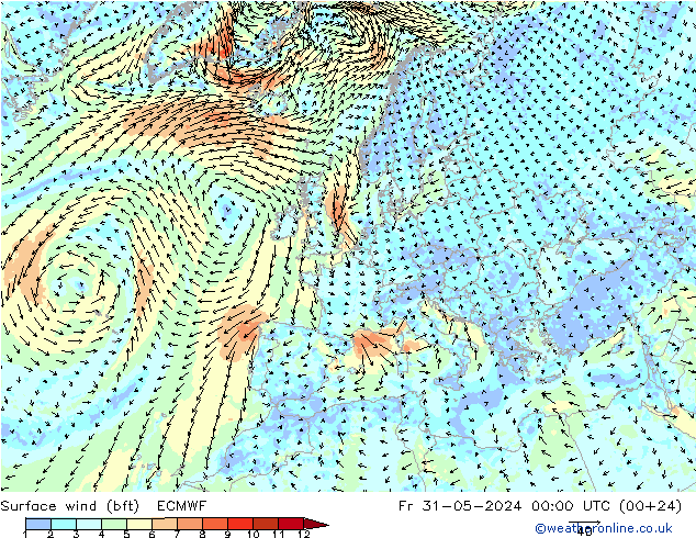 Wind 10 m (bft) ECMWF vr 31.05.2024 00 UTC