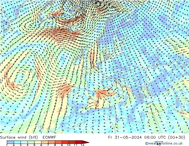 Wind 10 m (bft) ECMWF vr 31.05.2024 06 UTC