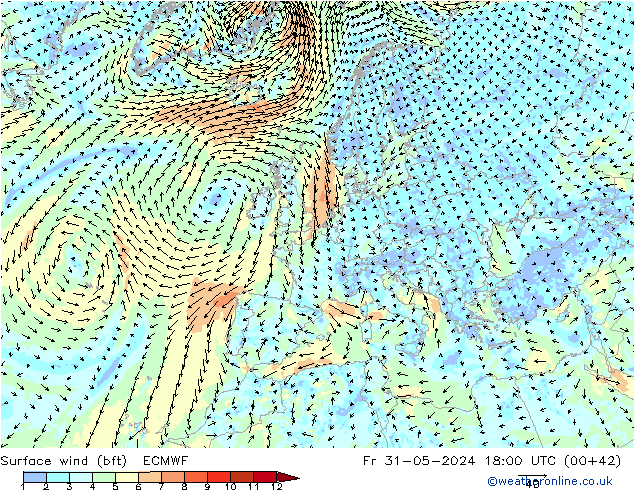 Vento 10 m (bft) ECMWF ven 31.05.2024 18 UTC