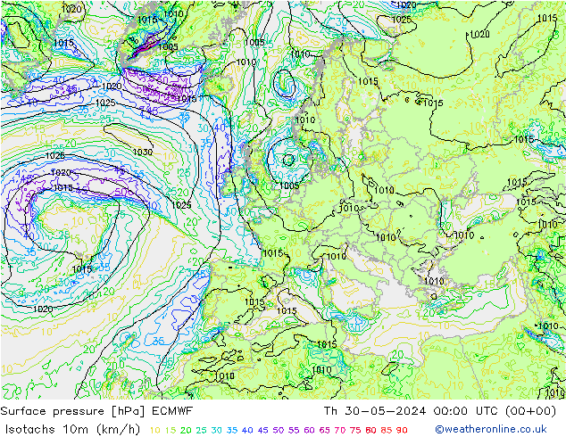 Isotachs (kph) ECMWF jeu 30.05.2024 00 UTC