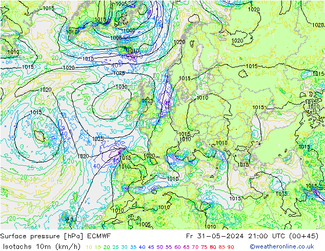 Isotachs (kph) ECMWF Fr 31.05.2024 21 UTC