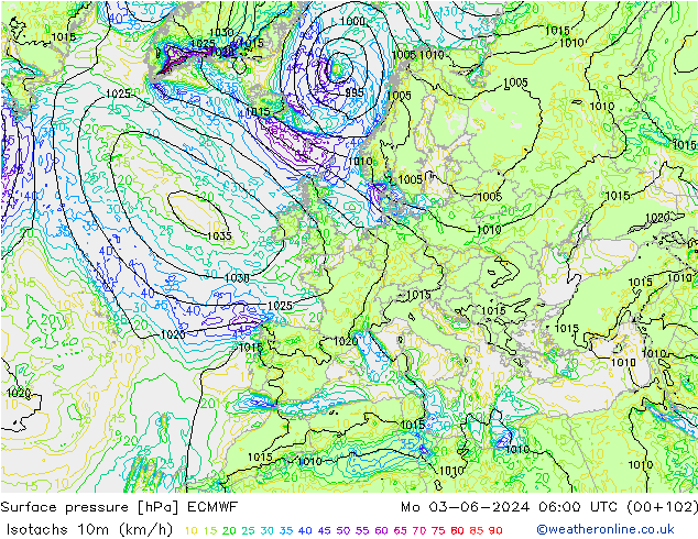 Isotachen (km/h) ECMWF Mo 03.06.2024 06 UTC