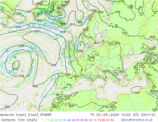 Izotacha (mph) ECMWF czw. 30.05.2024 12 UTC