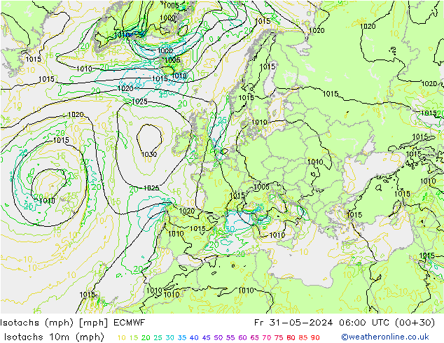 Isotachs (mph) ECMWF Fr 31.05.2024 06 UTC