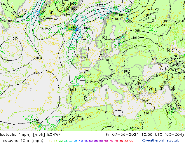 Isotachs (mph) ECMWF пт 07.06.2024 12 UTC