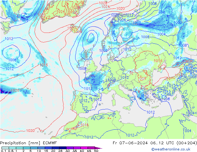 Srážky ECMWF Pá 07.06.2024 12 UTC