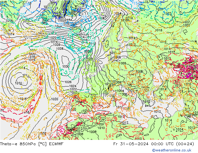 Theta-e 850hPa ECMWF vr 31.05.2024 00 UTC